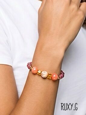 Coral & Pink Beaded Stretch Bracelet w/ Swarovski crystals